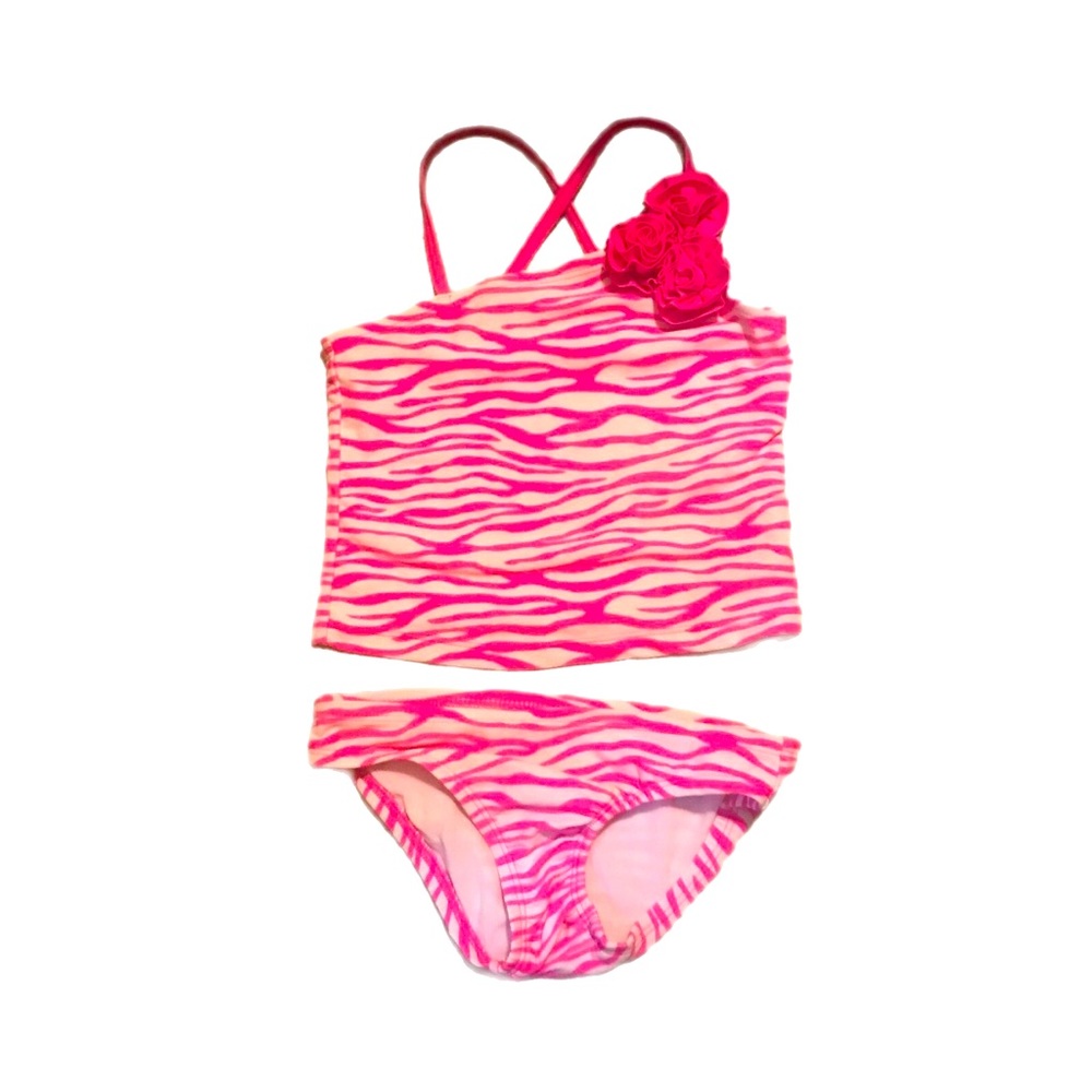 Pink Zebra Striped GIrl  Swimsuit With Roses Off the Shoulder 2 PC